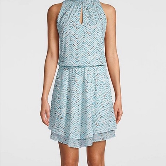 White House Black Market Wm Dress Printed Smock Sleeveless Blue High Neck L. - Picture 2 of 10